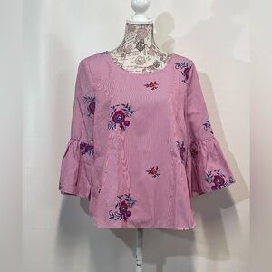 NINE WEST Red‎ and white stripe with embroidered floral design top size L